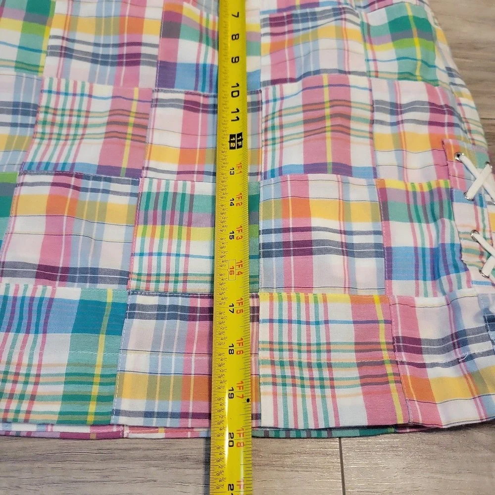 Talbots Sz 10P Madras Plaid Patchwork Cotton Lined Skirt Lace-Up Side Slit
